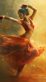 Graceful Indian classical dancer in swirling orange dress.
