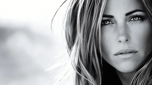 Close-up monochrome portrait shows detailed female face