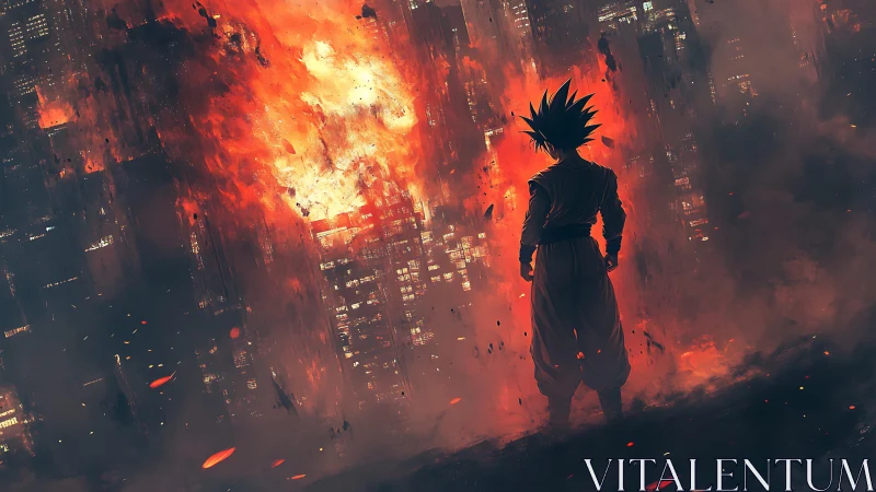 Silhouetted figure observing large urban fire at night.