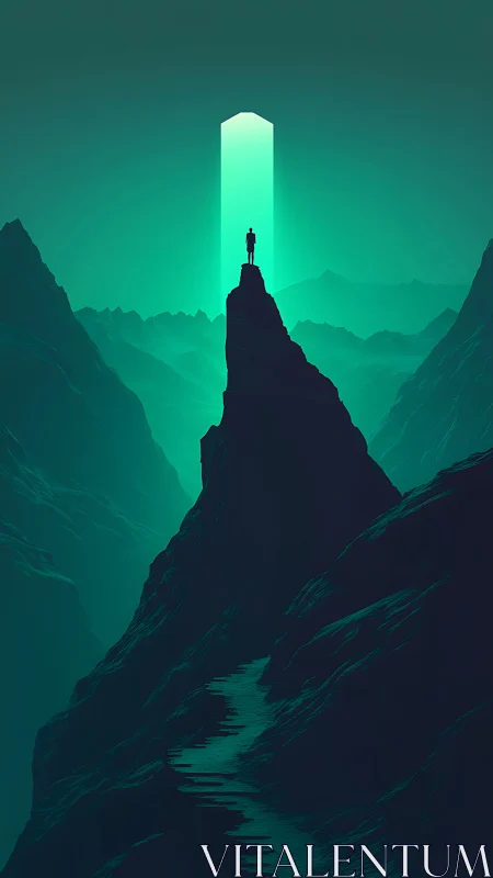 Monolithic portal illumination over solitary summit observer.