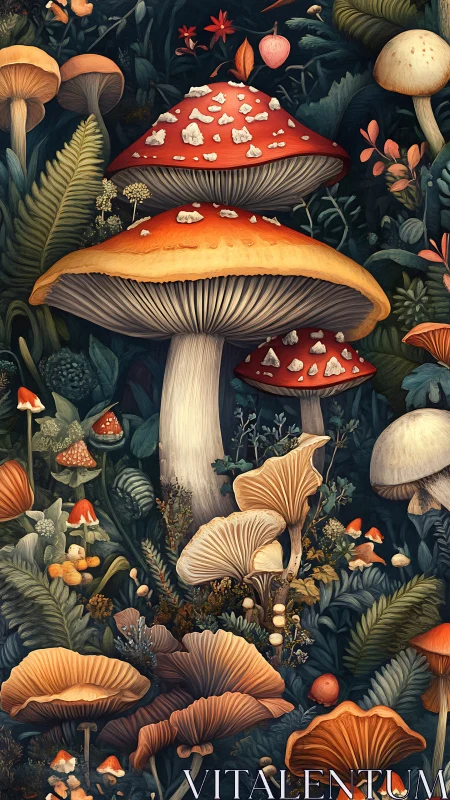 Detailed digital scene of forest mushrooms and foliage.