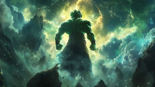 Green muscular figure stands amid fragmented cosmic landscape