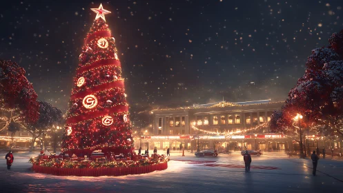 Nighttime urban plaza dominated by illuminated Christmas tree installation
