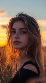 Sunlit portrait of young woman in golden hour field.