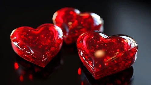 Three transparent red heart-shaped objects with internal bubble effects