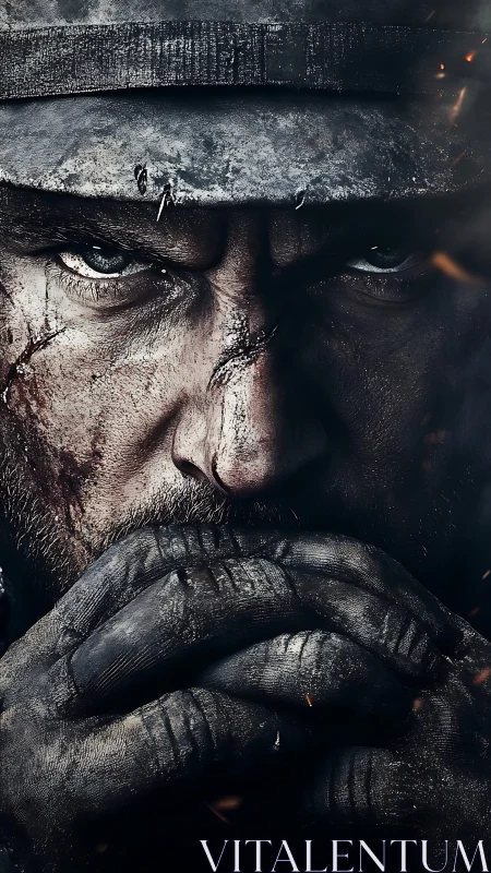 Battle-worn soldier stares forward with clasped, dirty hands