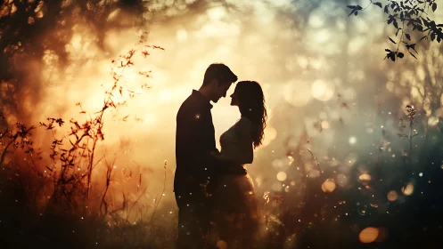 Silhouetted Couple Embracing in Golden Hour Light.