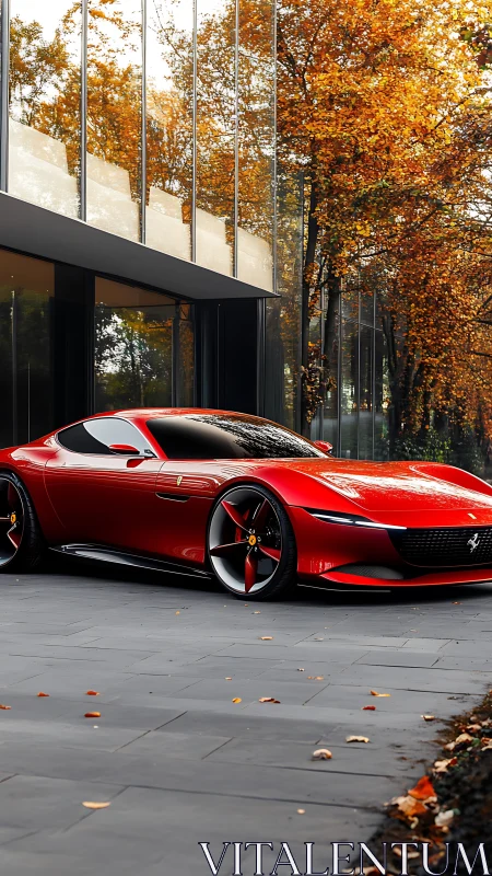 Red luxury supercar parked by mirrored glass facade.