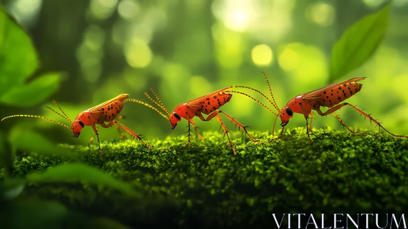 Triad of bio-mechanical red insects on moss in soft bokeh forest
