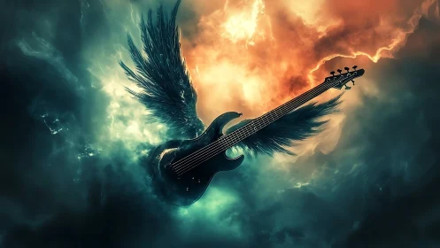 Winged electric guitar in fiery teal storm clouds.