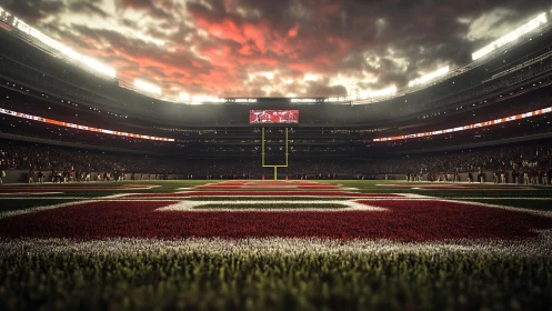 Sunset over illuminated football stadium and end zone.
