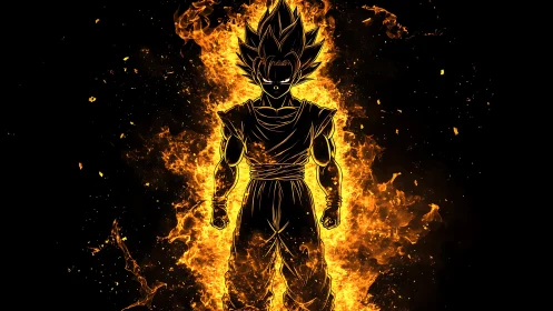 Silhouetted anime fighter stands engulfed in intense flames