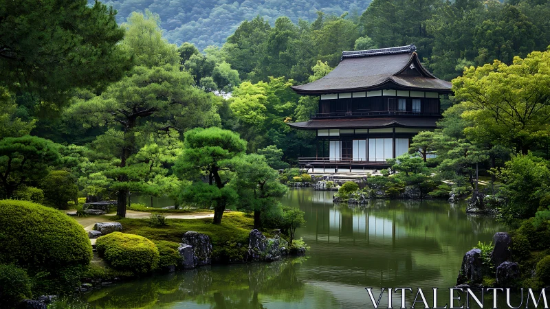 Traditional Japanese pavilion by reflective pond in dense forest