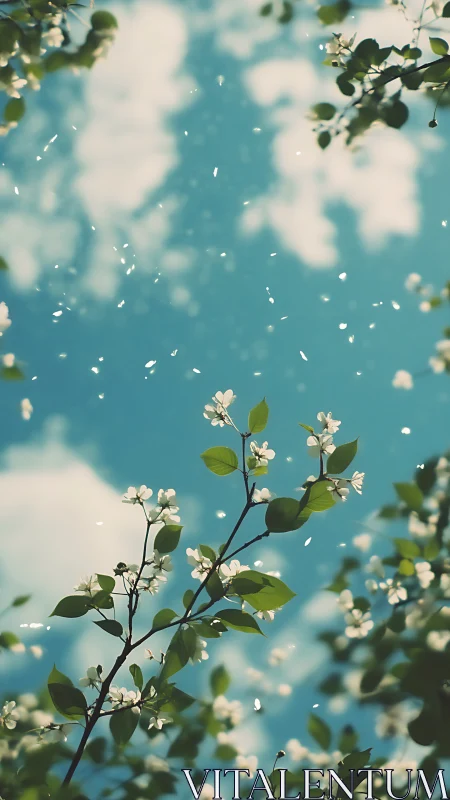 Blossoming branches sway softly beneath a bright spring sky