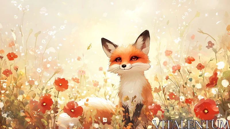 Fox sits centrally within stylized wildflower meadow environment
