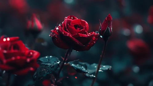 Crimson Rose Glistening Raindrops Dark Moody Garden.