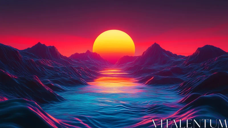 Neon sun over iridescent synthwave ocean and mountainscape.