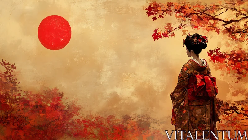 Geisha silhouette under vermilion sun and autumn foliage.