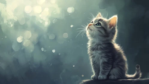 Curious Kitten Gazing Upward in Ethereal Light
