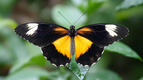 Macro study of black, orange and white butterfly on foliage