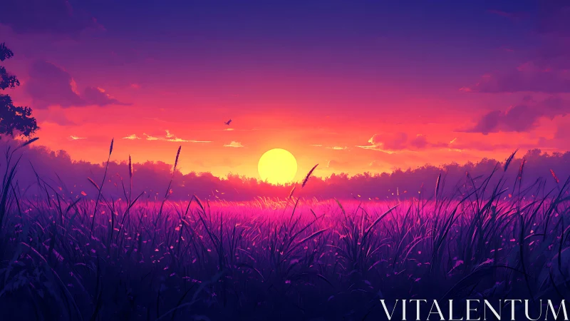 Digital sunset over grassy field with silhouetted plants.