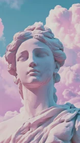 Neoclassical marble bust in pastel celestial atmosphere.