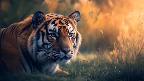 Low-angle tiger portrait under warm, shallow-depth sunset lighting