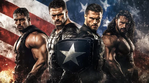 Armored soldiers in tactical gear stand before distressed US flag