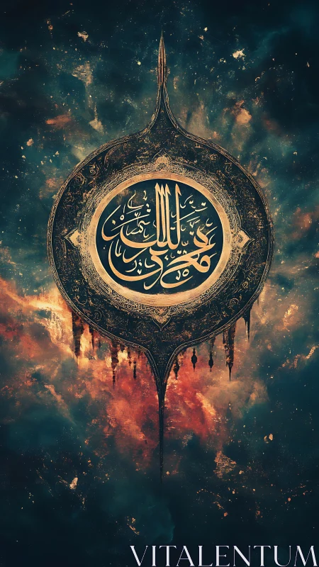 Ornate Arabic calligraphy emblem on cosmic color field.