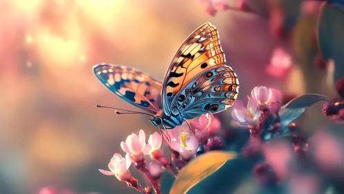 Butterfly on small blossoms under soft diffused lighting.