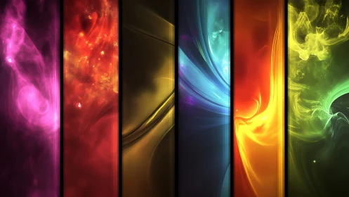 Chromatic energy ribbons in segmented abstract digital panel design.