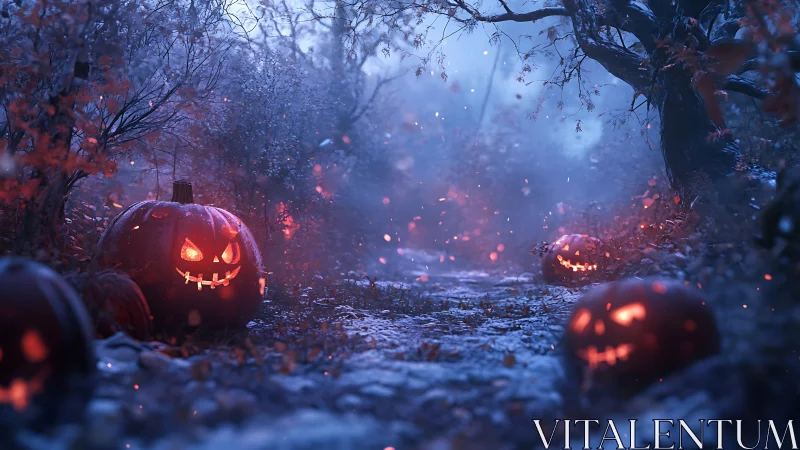Glowing jack o lanterns line misty forest path at dusk