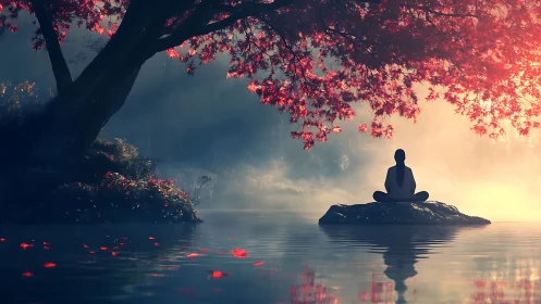 Calm morning meditation unfolds beneath glowing red leaves