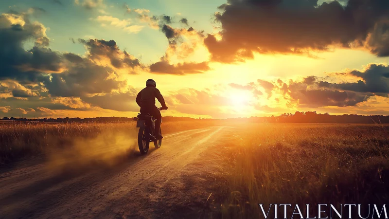Motorcyclist rides on dusty rural road toward sunset sky