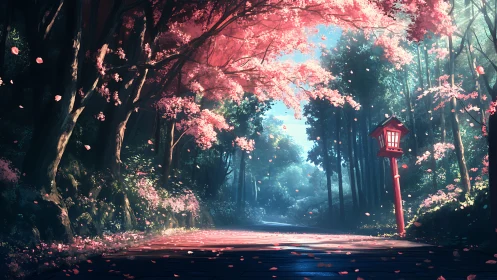 Gentle sakura path glowing with soft morning forest light.