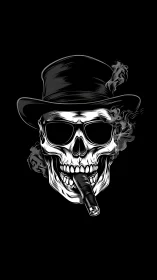 Smoking skull with fedora hat in stark monochrome profile.