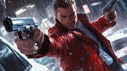 Gunman in red coat advances under rain with dynamic foreshortening