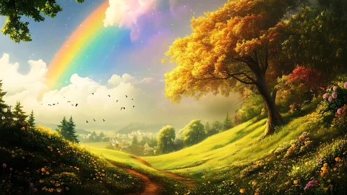 Radiant hillside rainbow over sunlit village valley scene.