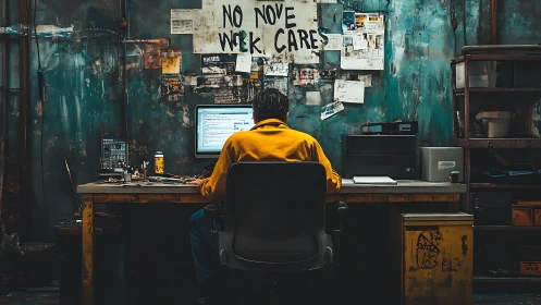 Worker sits at cluttered desk in dim industrial office