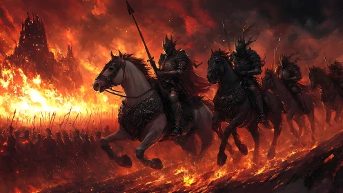 Hellfire cavalry thunders across a burning, war-torn horizon