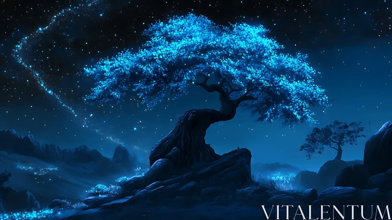 Bioluminescent tree on rocky hill under starry sky at night.