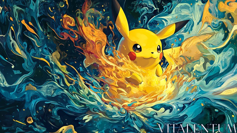 Playful Pikachu dancing through swirling electric color.