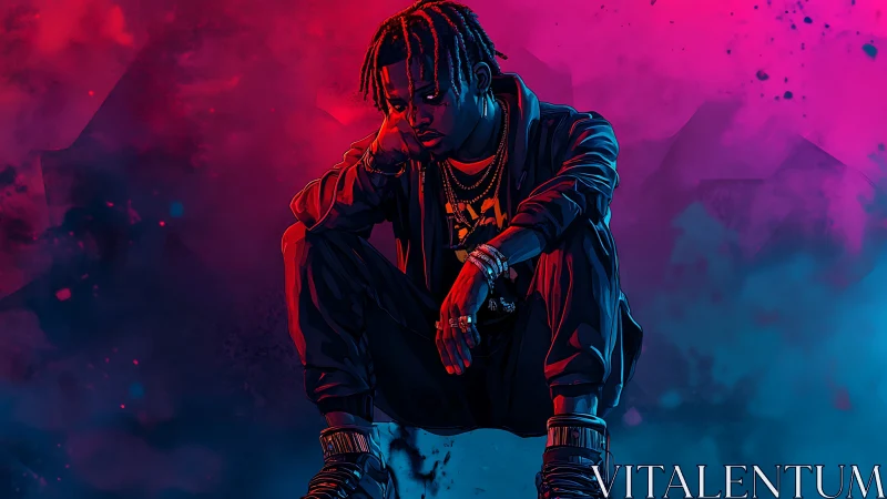 Seated figure in streetwear lit by vivid neon gradients