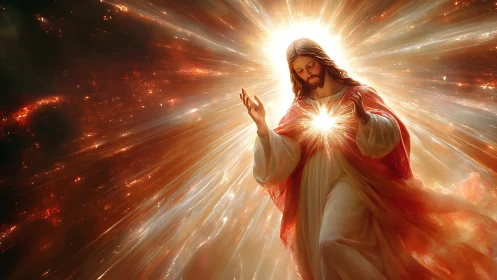 Radiant sacred heart figure in glowing celestial light.