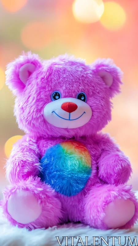 Pink plush teddy bear with rainbow belly sits under bokeh light