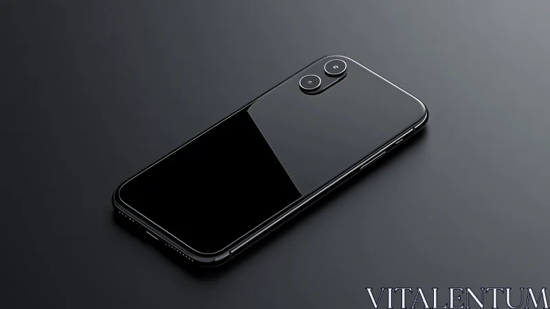 Dual-camera smartphone on dark surface in isometric perspective.