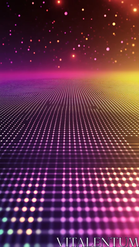 Neon grid horizon with glowing particles in deep space.