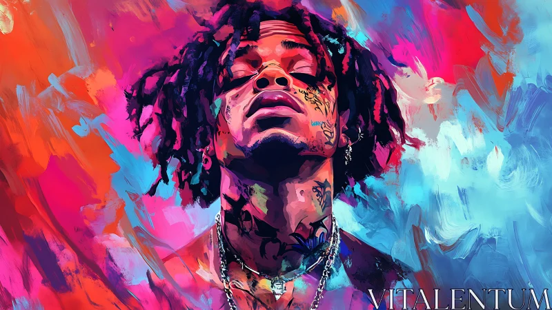 Portrait of tattooed person amid contrasting abstract colors