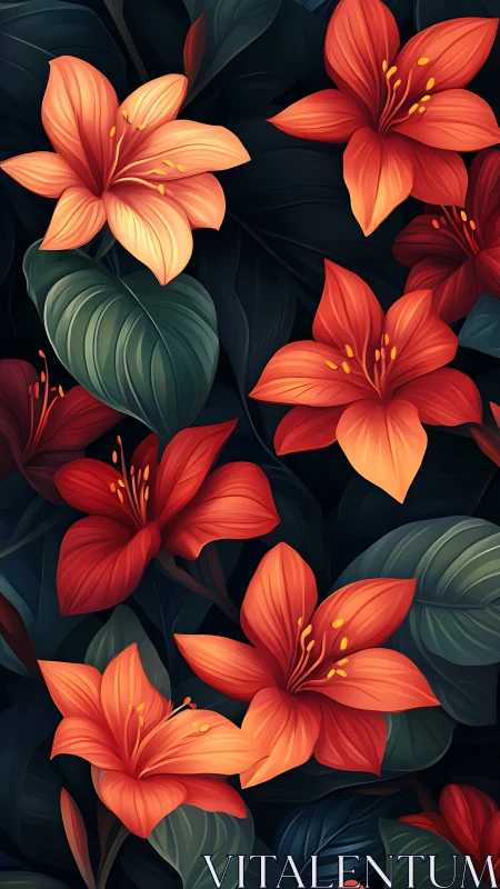 Tropical Lilies Ignite Against Midnight Foliage
