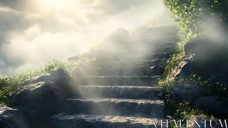 Stone steps ascending through mist with soft sunlight beams.
